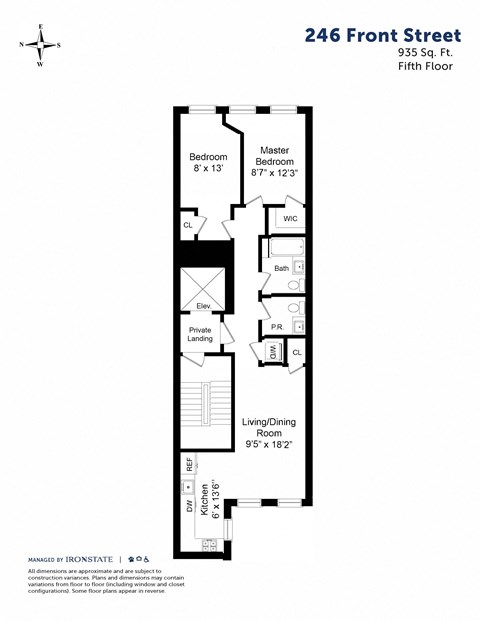 Floor plan for 2 beds, 1.5 baths, 935 sqft